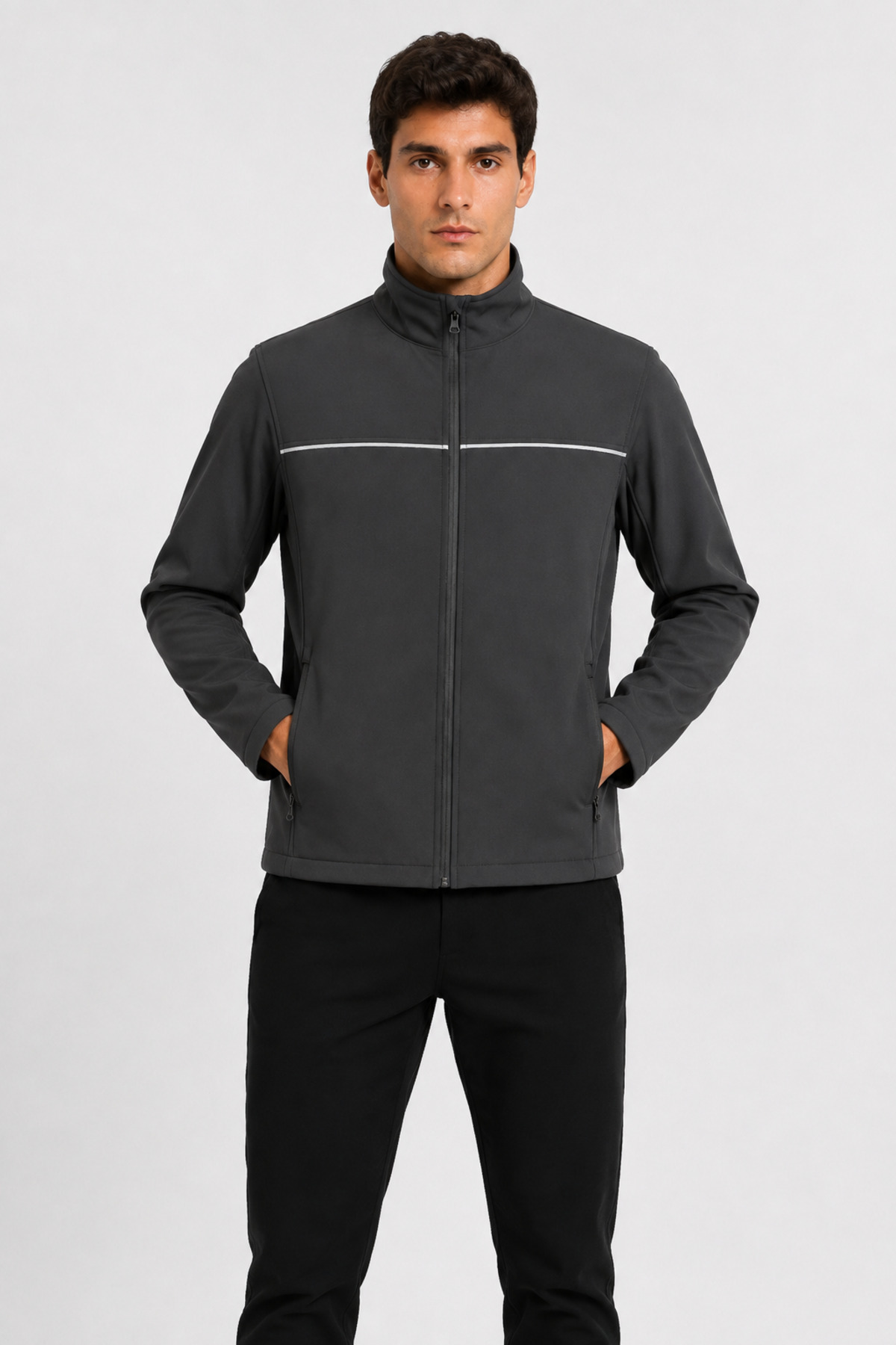 Erkek Gri Reflektör Şeritli Su İtici Fermuarlı Softshell İş Ceketi Gri · Fotoğraf 3