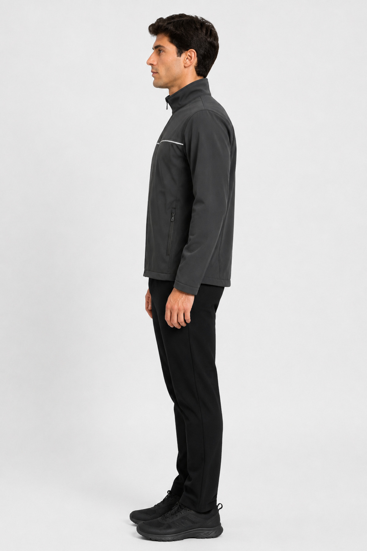 Erkek Gri Reflektör Şeritli Su İtici Fermuarlı Softshell İş Ceketi Gri