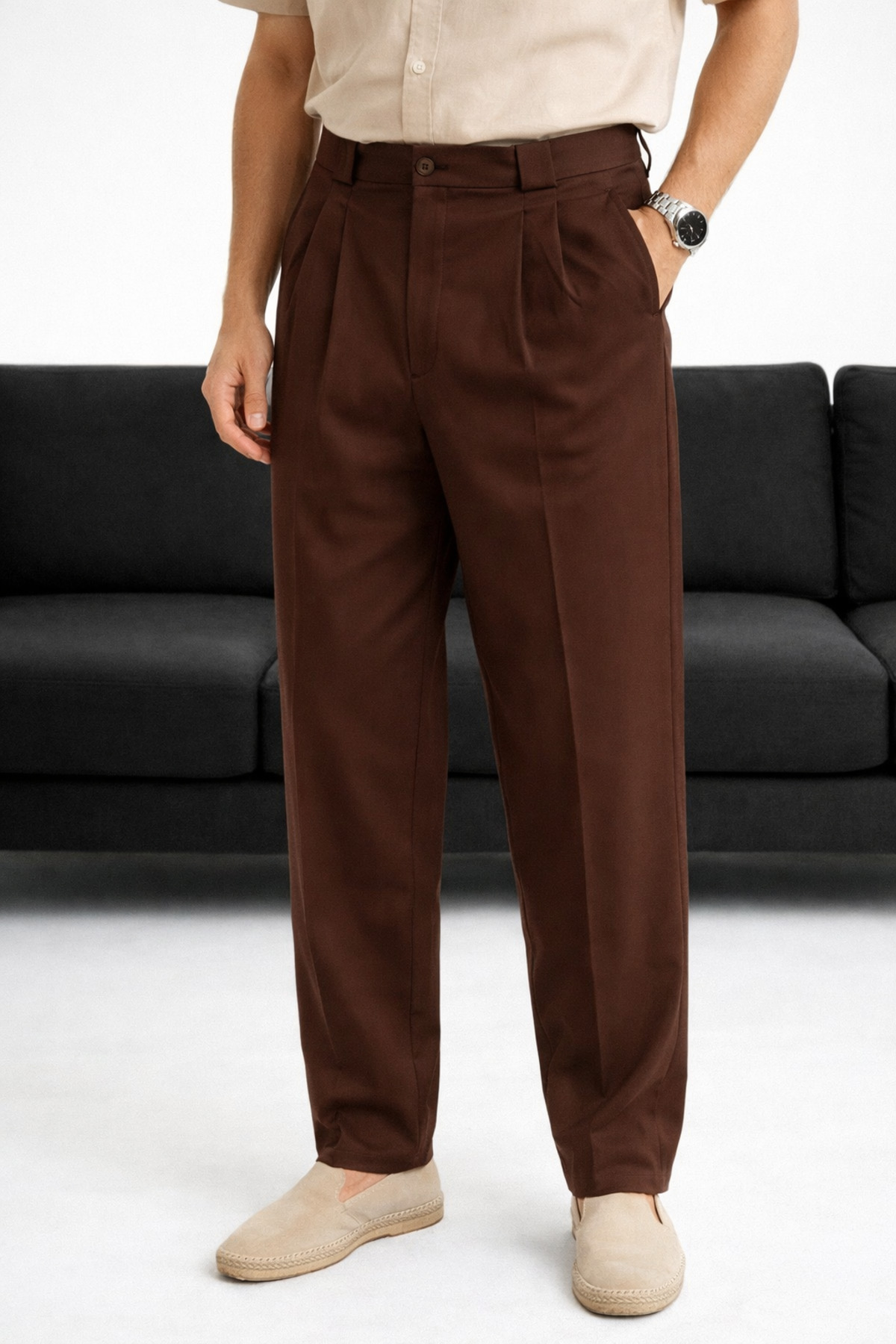 URBAN ERKEK KAHVE Çift Pileli İtalyan Kesim Kumaş Pantolon -2624 — قهوه‌ای FK-2624