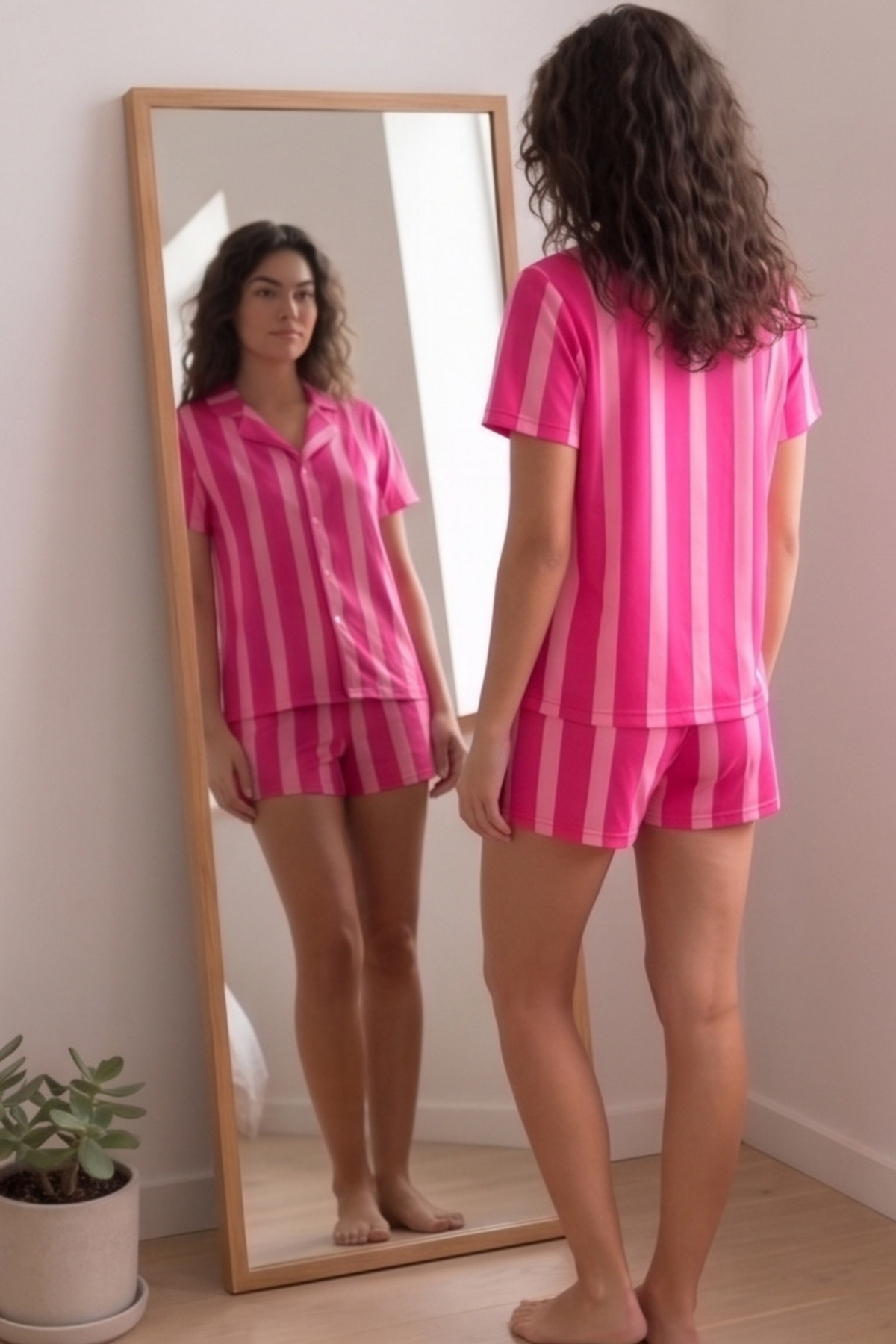 Mindy Pembe Şeritli Kısa Kollu Kadın Pijama Takımı, Rahat ve Tarz Pijama Takımı görsel 4