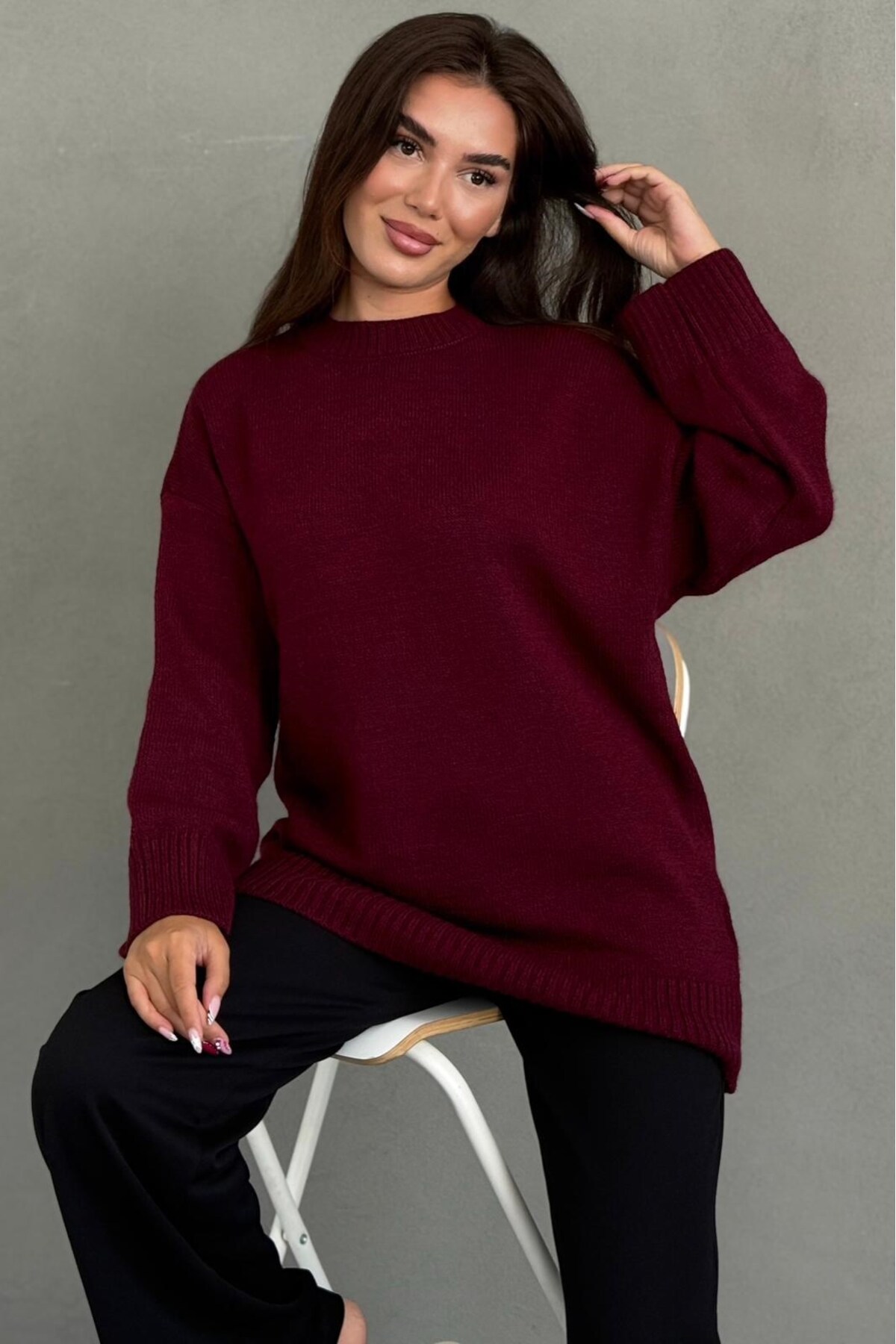 Madmext Bordo Bisiklet Yaka Oversize Uzun Kadın Triko Kazak MG2890 görsel 6