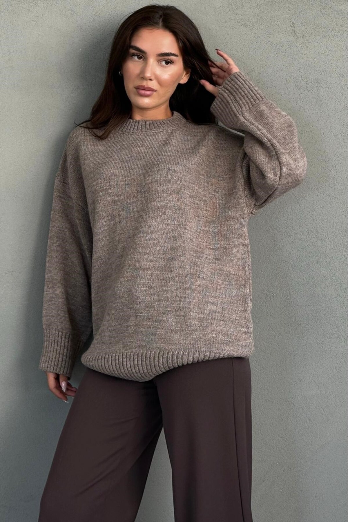 Madmext Vizon Bisiklet Yaka Oversize Uzun Kadın Triko Kazak MG2890 görsel 7