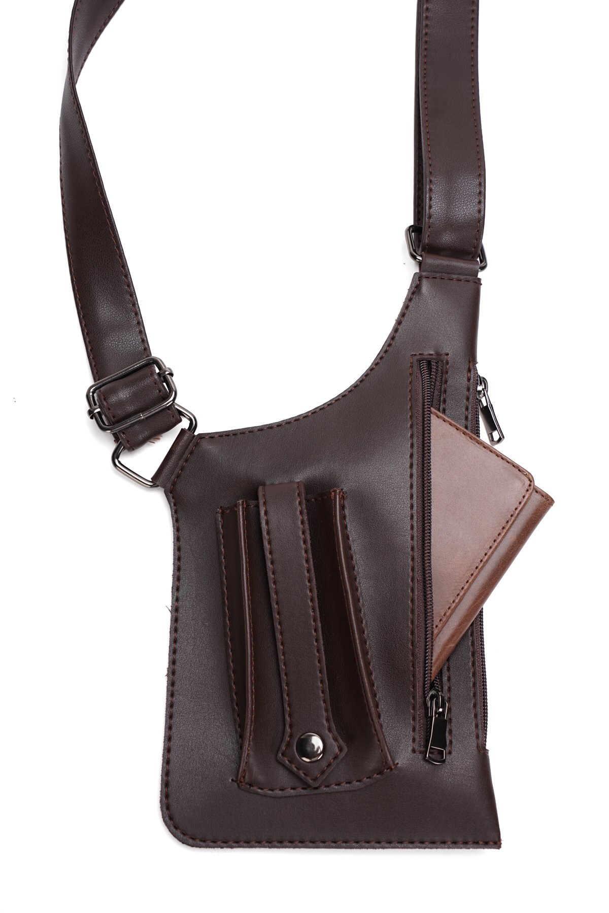Newish Polo Erkek Siyah Vegan Deri Çapraz Askılı Çok Cepli Harness Göğüs Çantası görsel 4