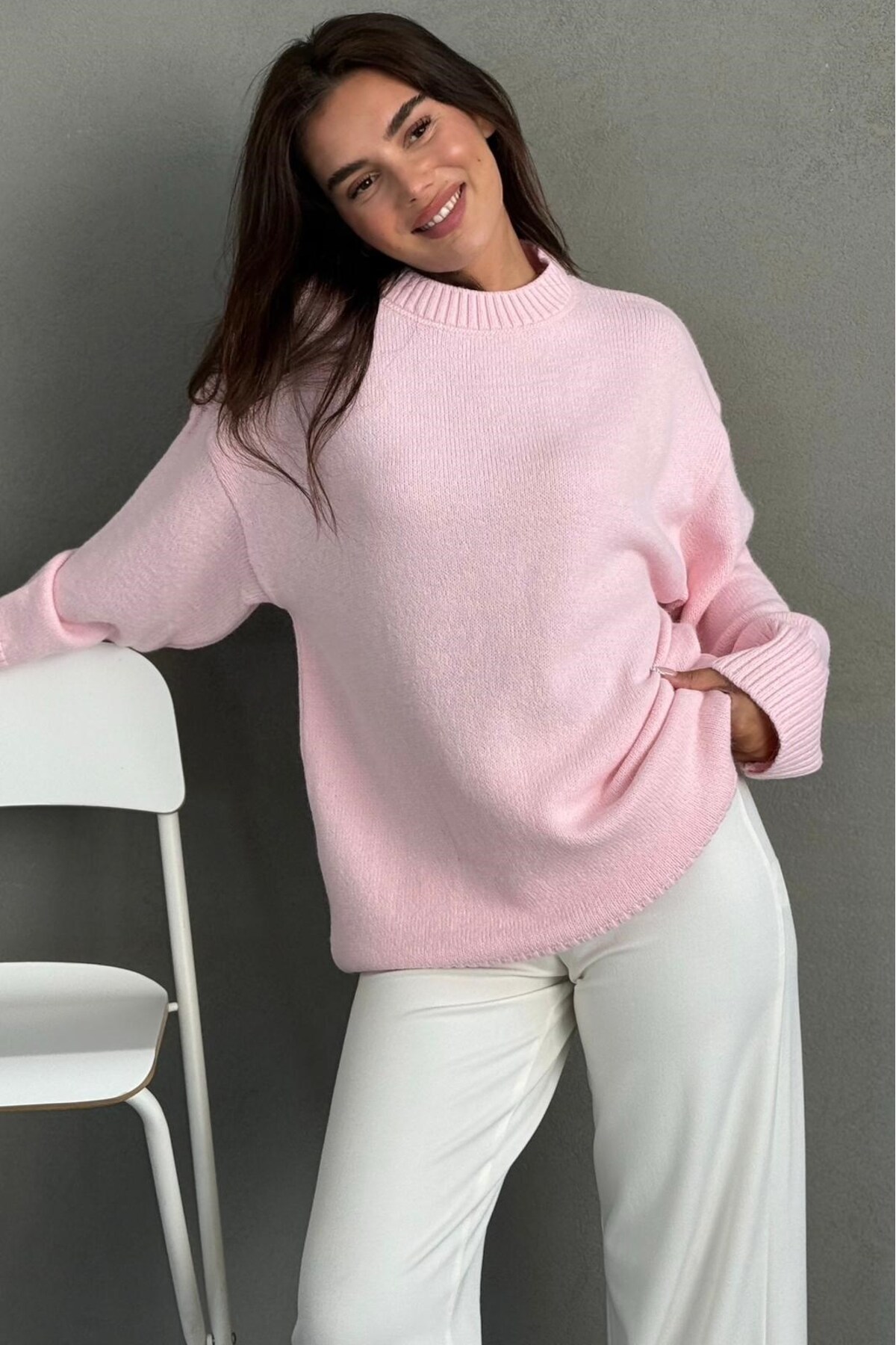 Madmext Pembe Bisiklet Yaka Oversize Uzun Kadın Triko Kazak MG2890 görsel 5
