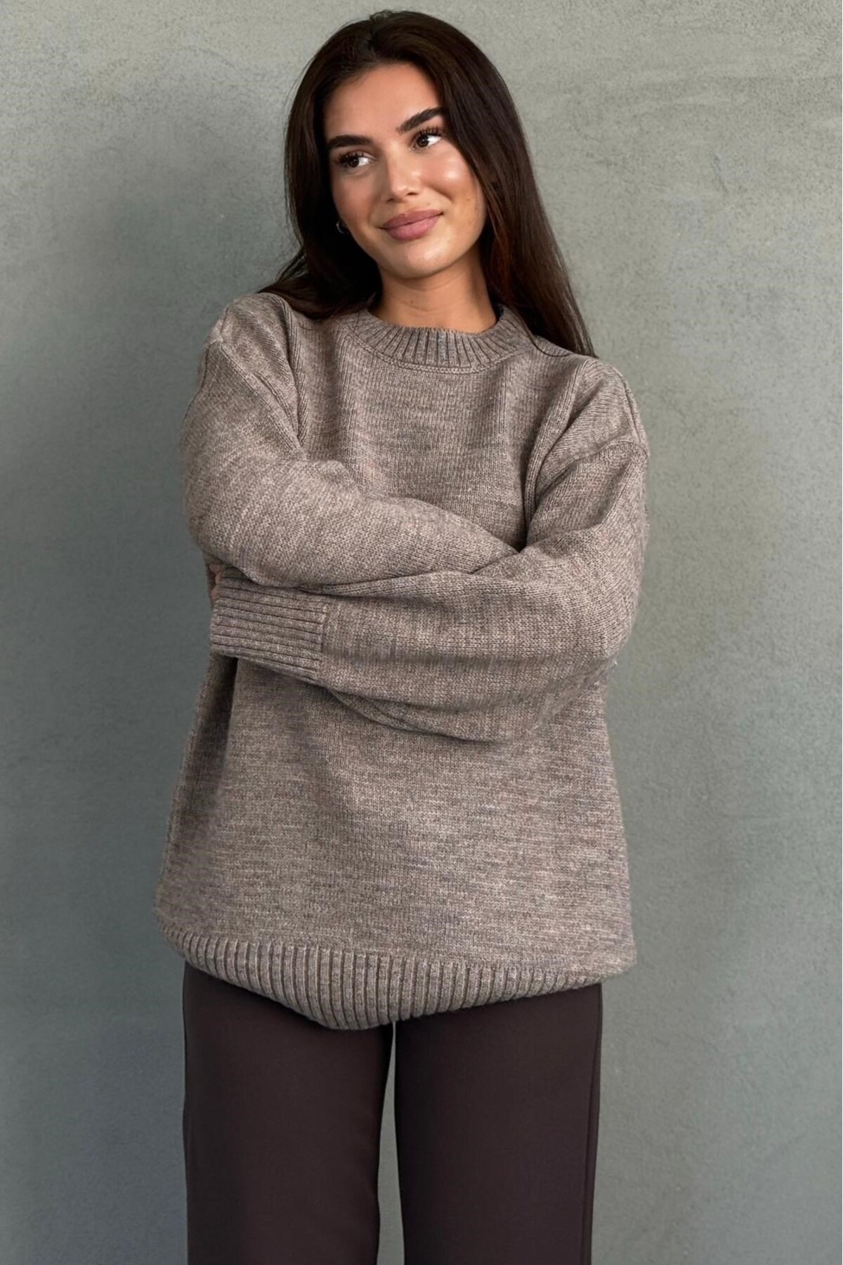 Madmext Vizon Bisiklet Yaka Oversize Uzun Kadın Triko Kazak MG2890 görsel 6