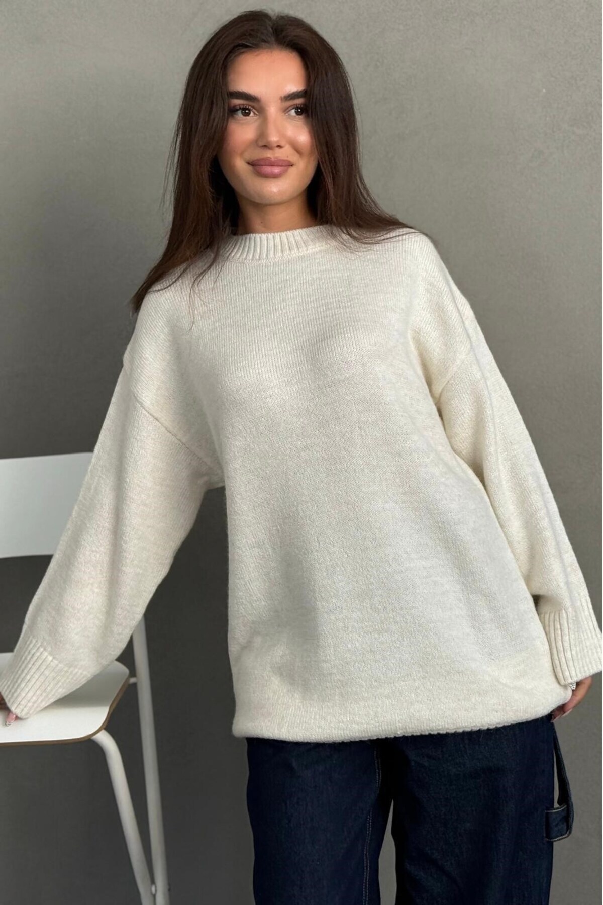 Madmext Ekru Bisiklet Yaka Oversize Uzun Kadın Triko Kazak MG2890 görsel 5