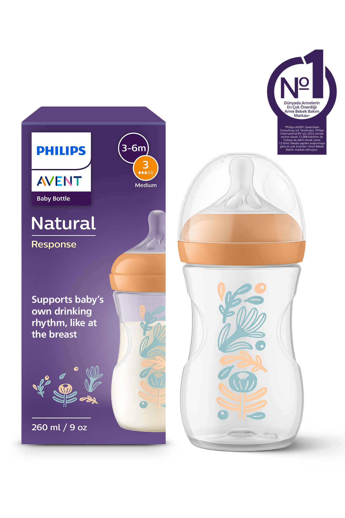 Philips Avent Doğal Tepkili Biberon, 260 ml, Orta Akışlı Emzik Ucu (Akış 3), Orman Bitkileri Desenli, SCY903/74 Bebek Monitörü