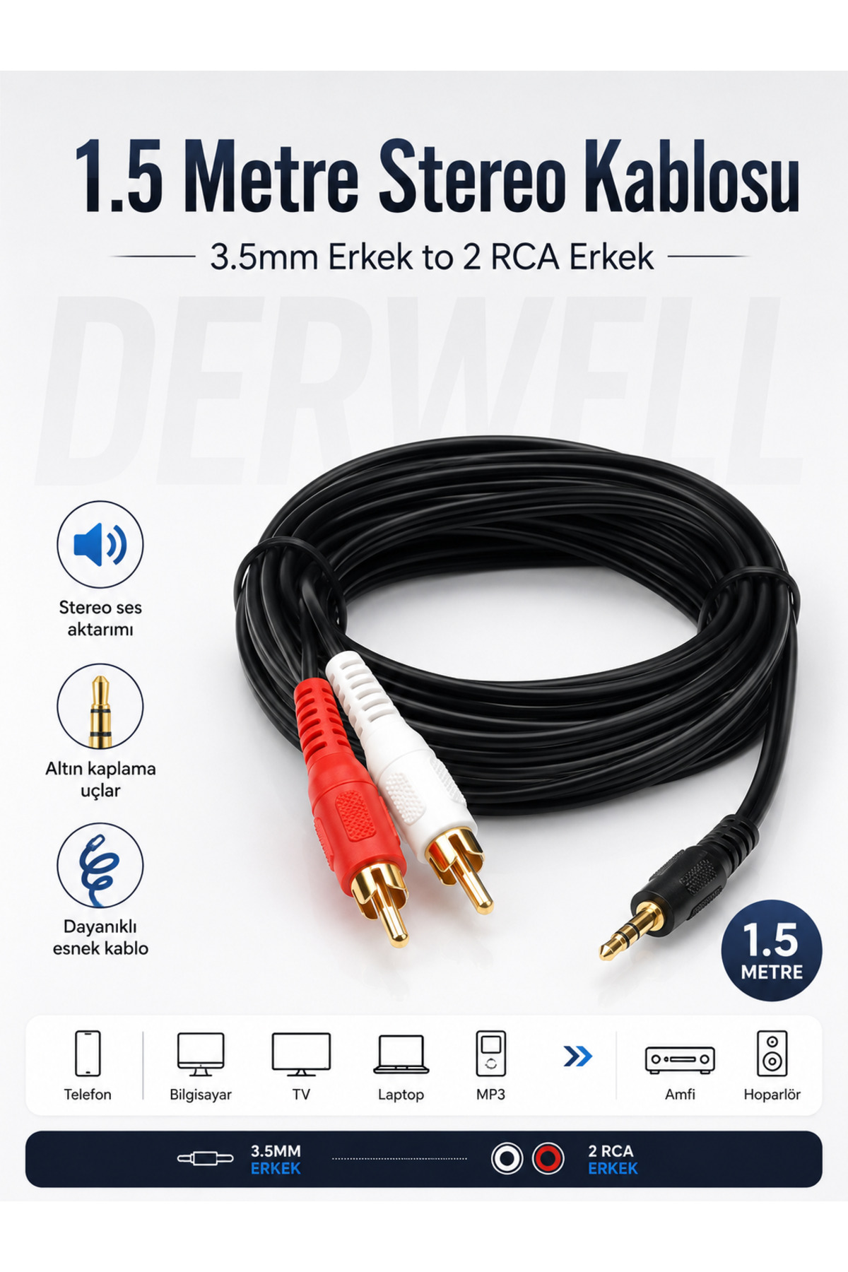 1.5 Metre Stereo Ses Aktarım Kablosu - 3.5mm Erkek to 2 RCA Erkek Altın Kaplama Uçlu Dayanıklı Esnek Aux Dönüştürücü Kablo; Telefon Bilgisayar Laptop TV Amfi Hoparlör MP3 Uyumlu Jak