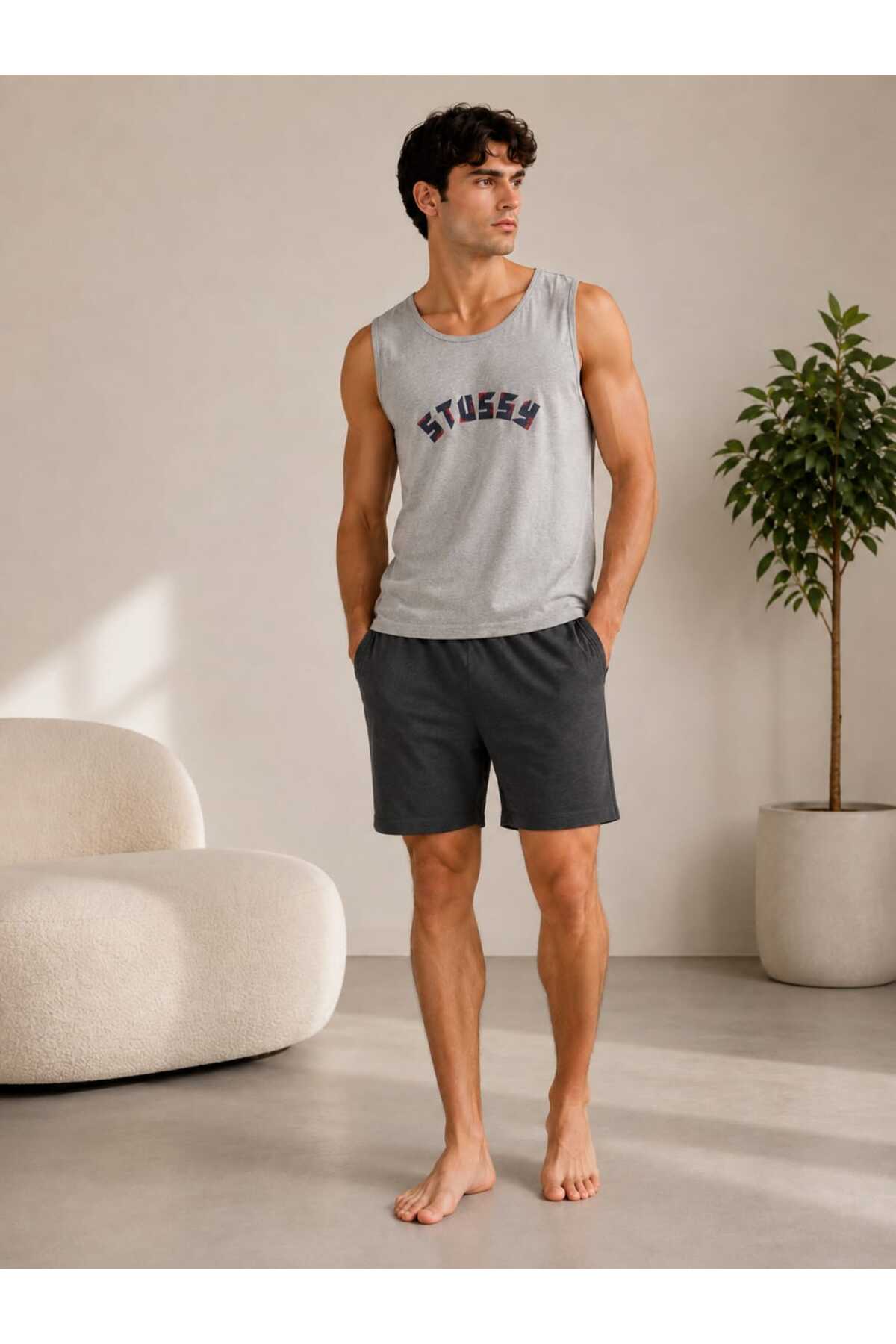 Sude HOMEWEAR Erkek Atlet Şort Cepli Pijama Takımı görsel 4