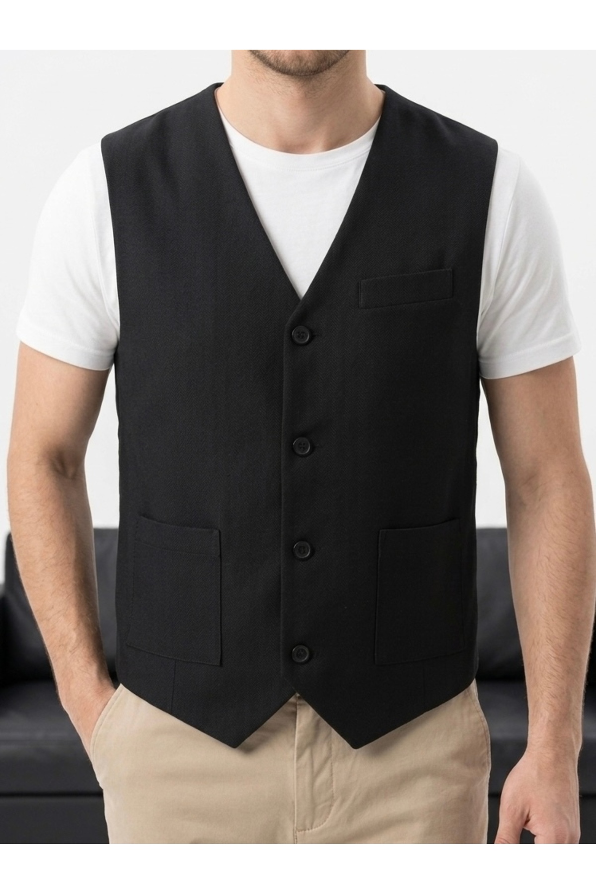 urban wear URBAN ERKEK SİYAH V Yaka Klasik Yelek - 2617