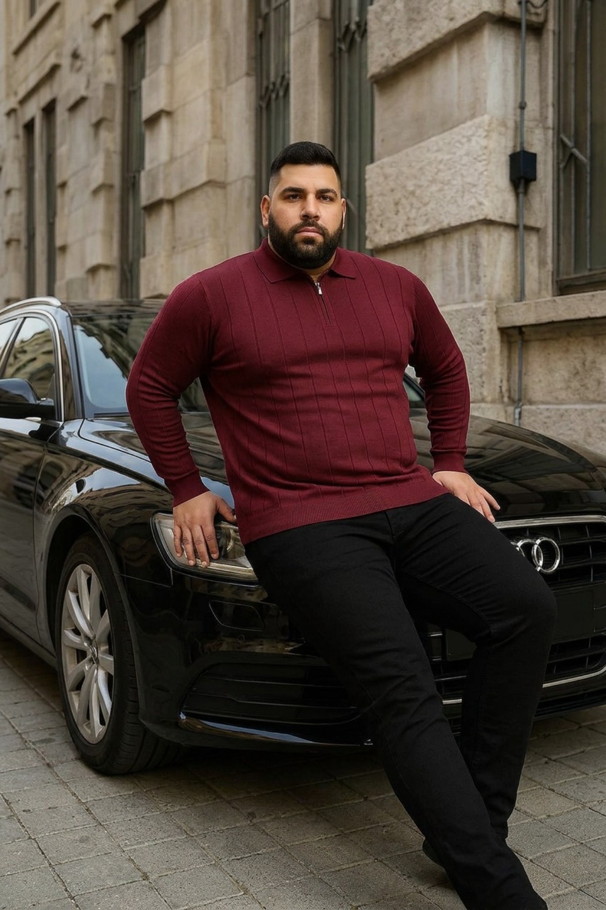Maccali Erkek Büyük Beden Kışlık Bol Bordo Polo Yaka Kazak görsel 4