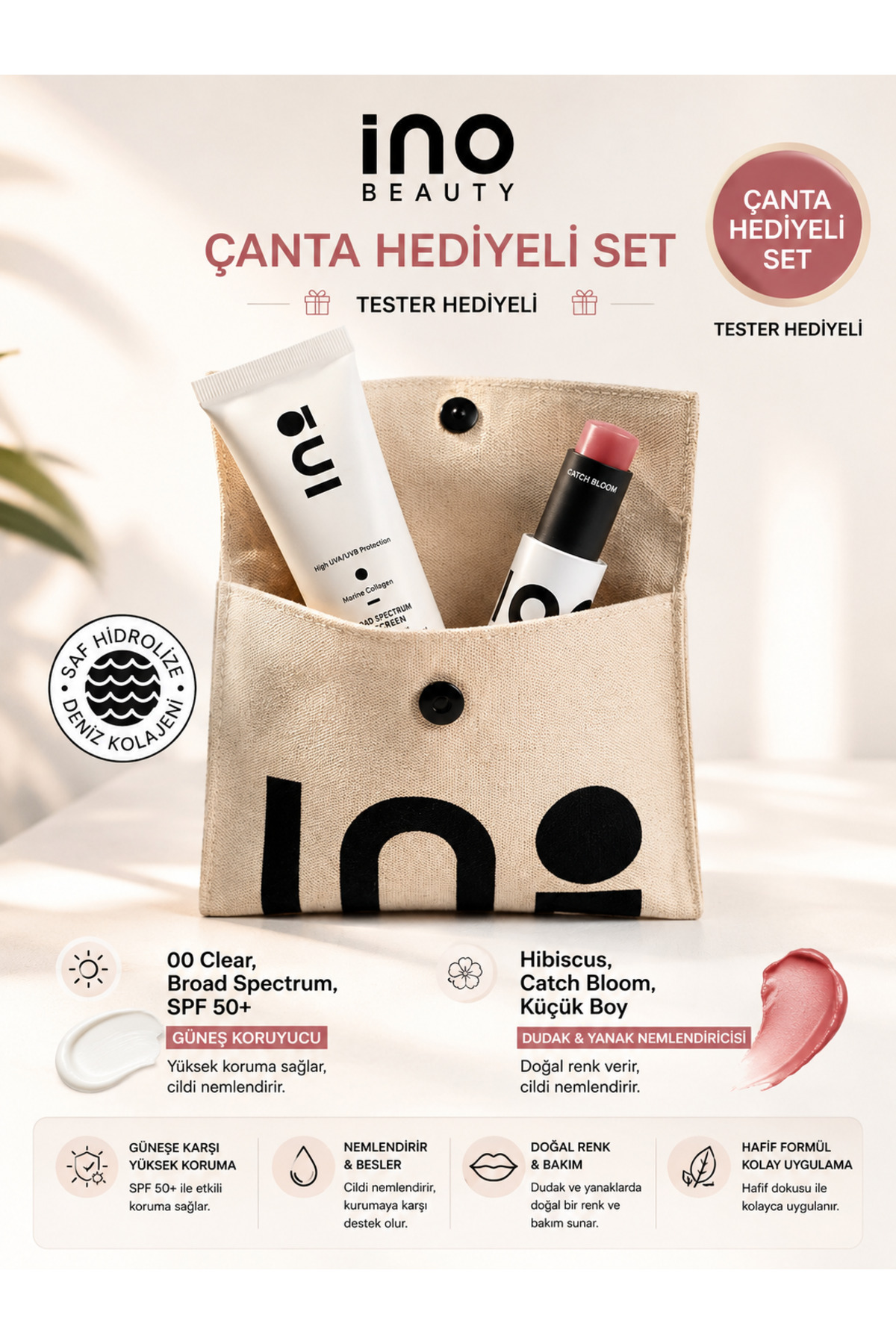 inobeauty کرم ضد آفتاب مرطوب کننده 00 Clear SPF 50+ + رژ لب استیکی Hibiscus شماره 00، ست لب و گونه 4.5 گرمی — 7577634526754
