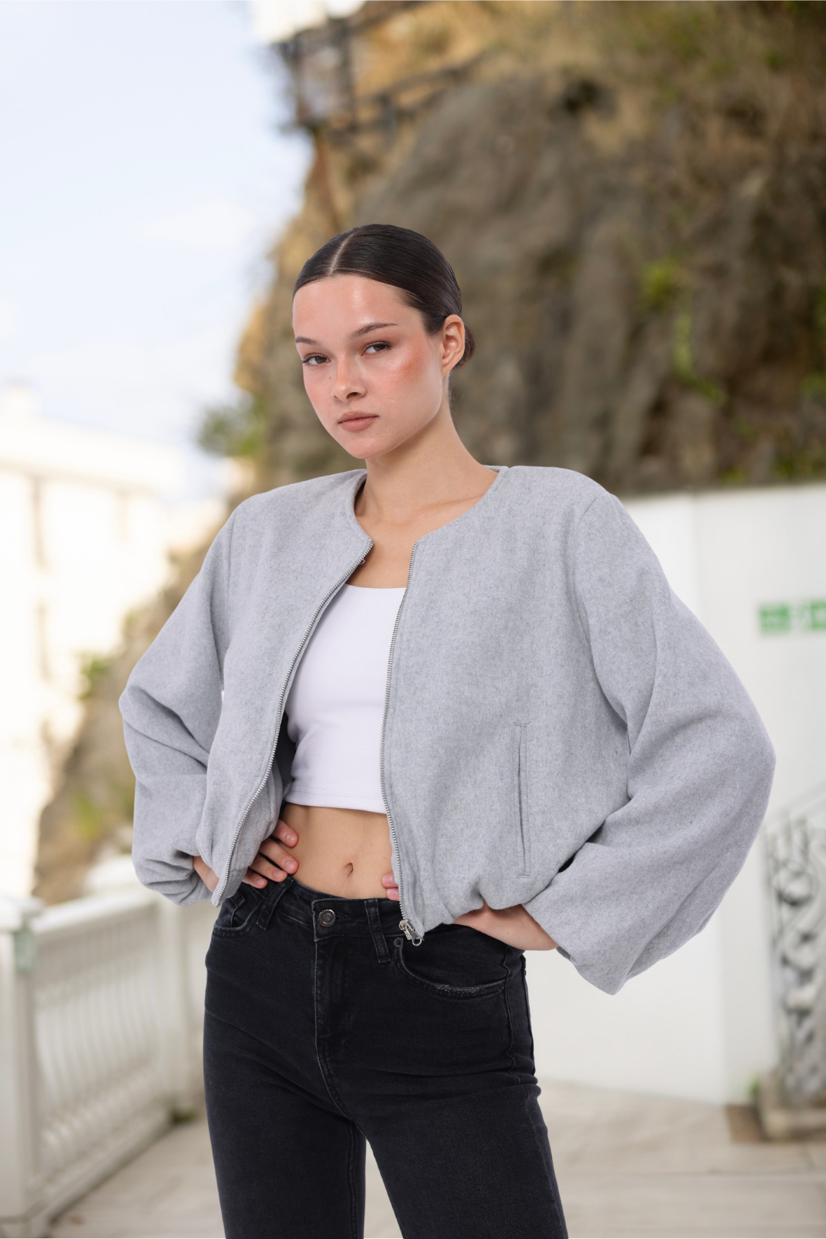 T SteepRockt Kadın Kaşe Bomber Ceket Gri Astarlı Fermuarlı Kısa Model görsel 3