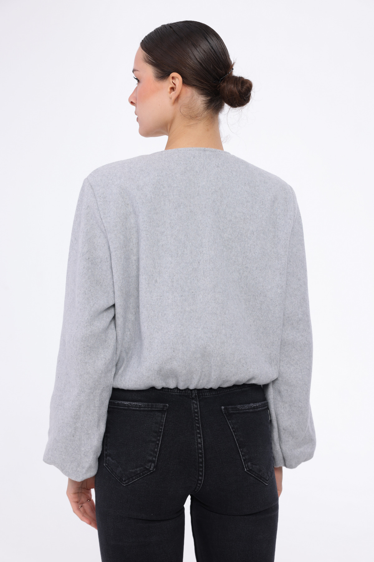 T SteepRockt Kadın Kaşe Bomber Ceket Gri Astarlı Fermuarlı Kısa Model görsel 4