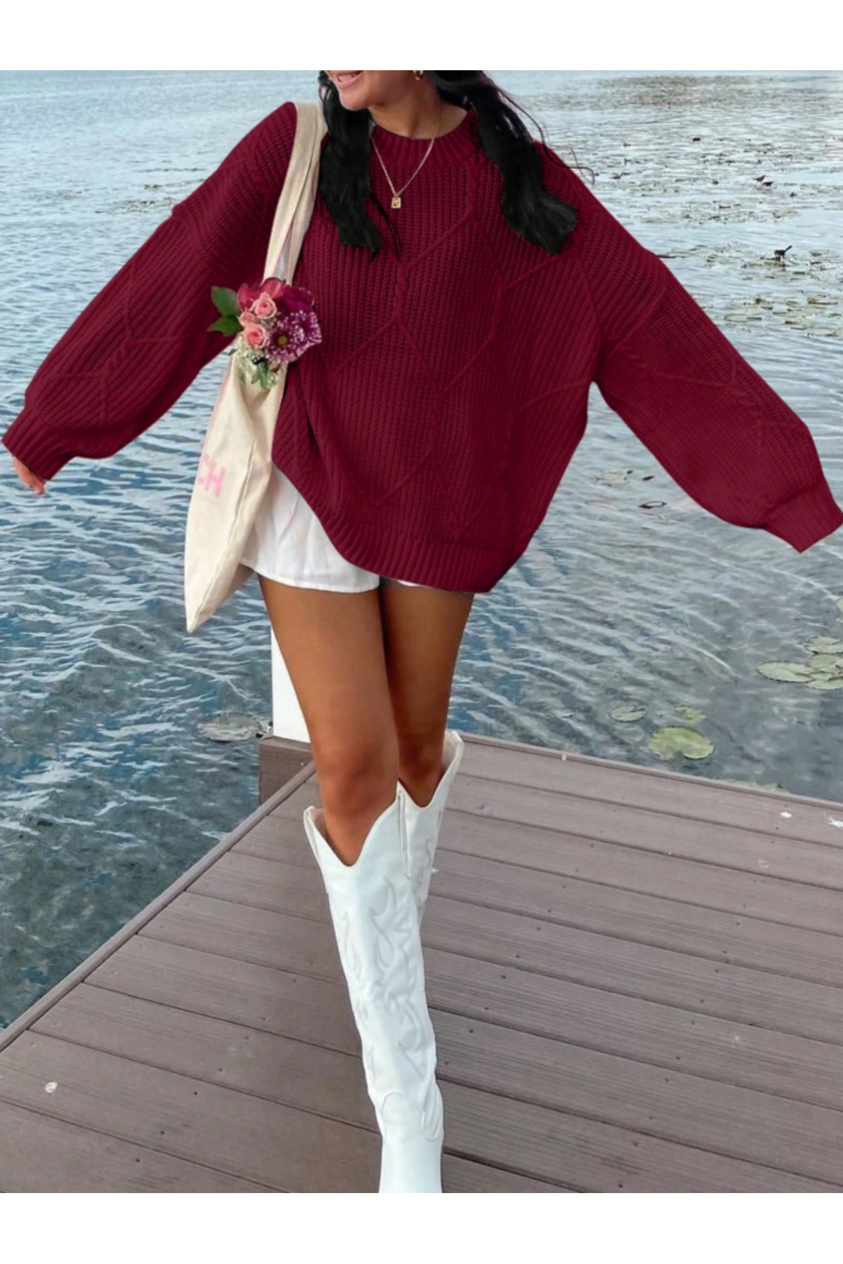 SAYZEN YOUR SHİNE selanik örgülü oversize bisiklet yaka oversize kadın kazak görsel 3