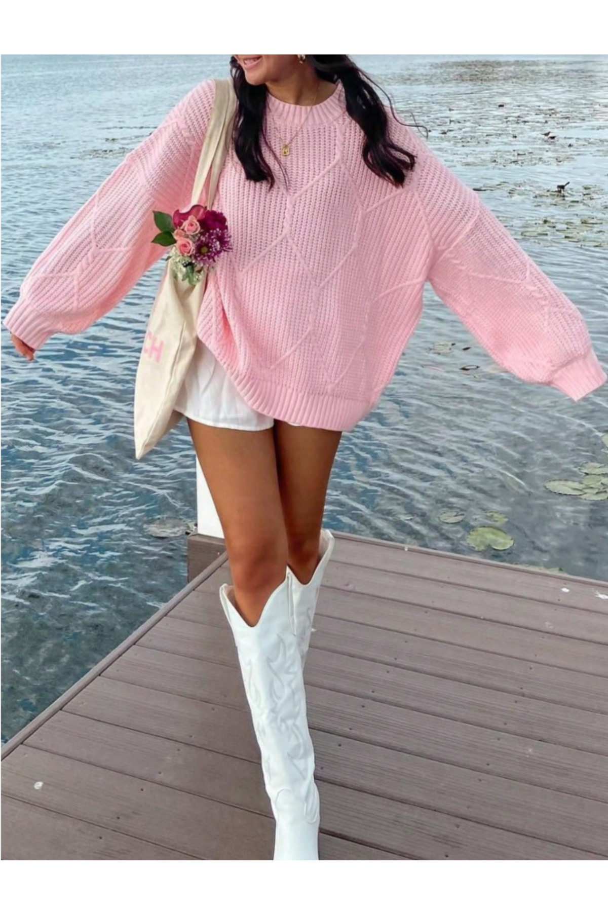 SAYZEN YOUR SHİNE selanik örgülü oversize bisiklet yaka oversize kadın kazak görsel 2