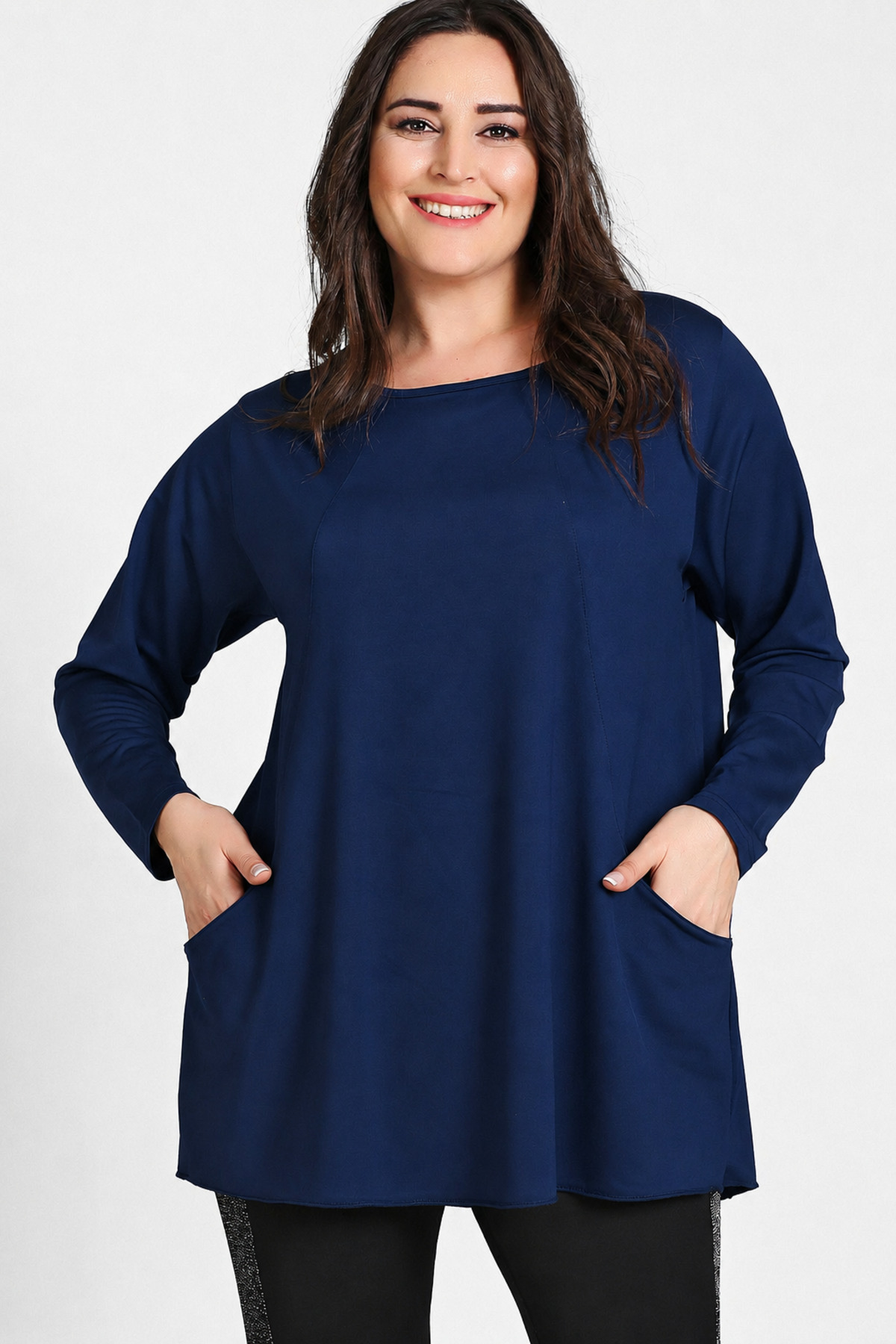 Curvy Trend Büyük Beden Cepli Parçalı Tunik Lacivert