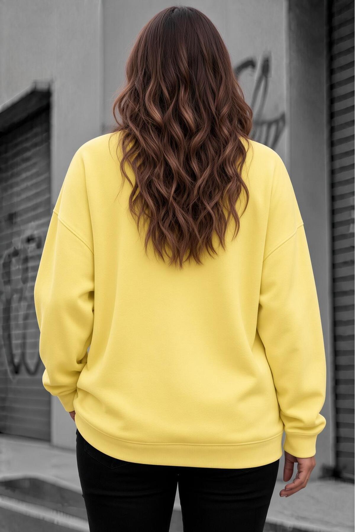 Oksit Uly Kadın Büyük Beden Battal Basic Bisiklet Yaka İki İplik Pamuklu Sweatshirt Rahat Kesim Unisex Sev görsel 2