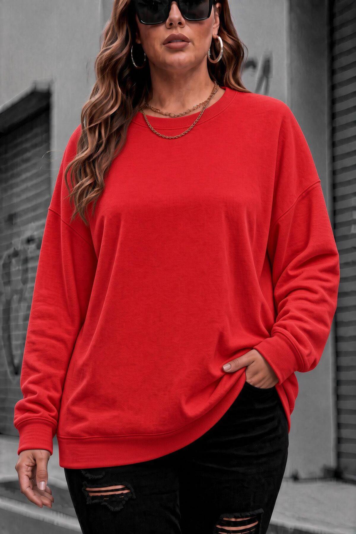 Oksit Uly Kadın Büyük Beden Battal Basic Bisiklet Yaka İki İplik Pamuklu Sweatshirt Rahat Kesim Unisex Sev