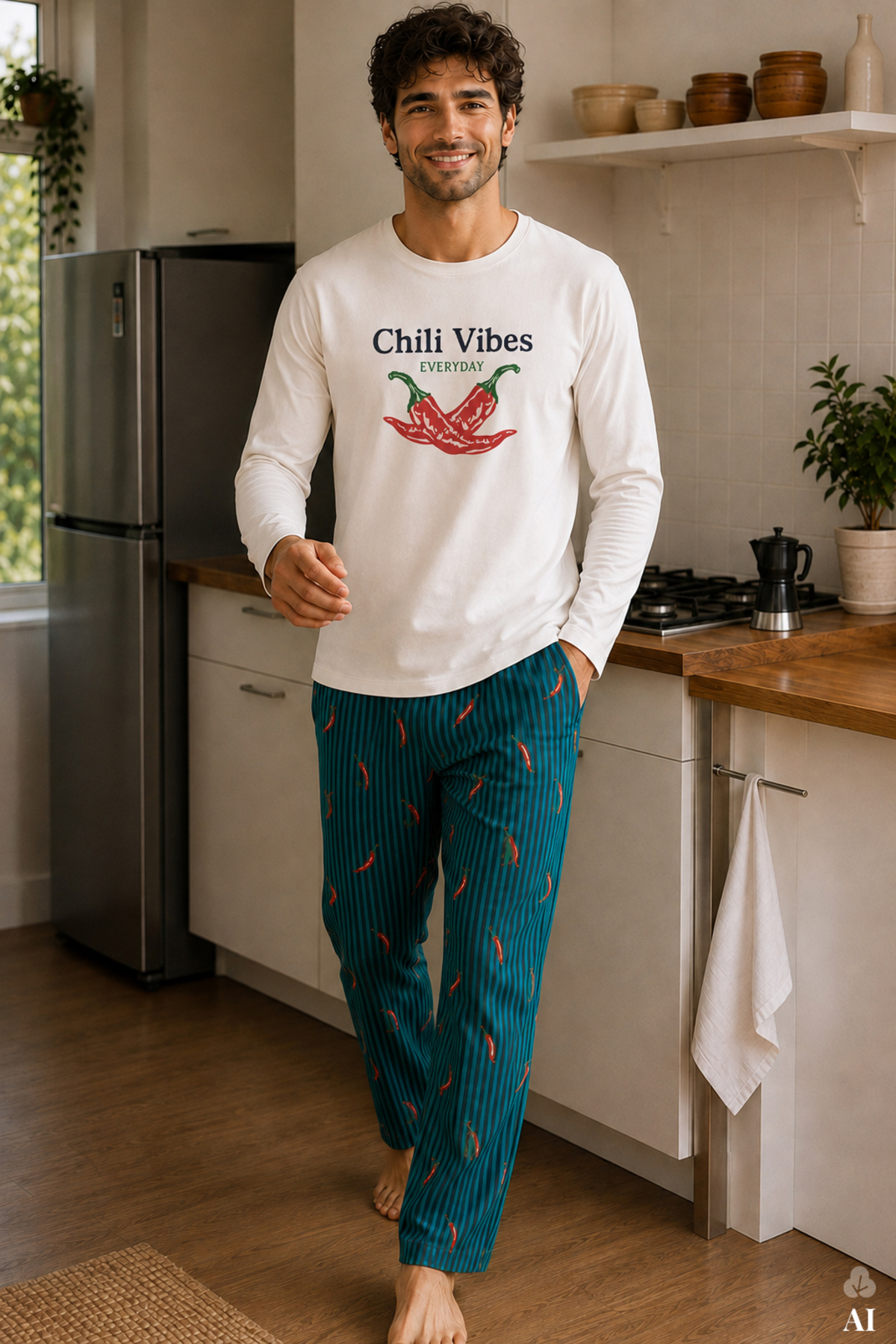 koza iç giyim Erkek Pamuklu Ekru Uzun Kollu Biber Baskılı Yeşil Çizgili Desenli Pijama Takımı görsel 2