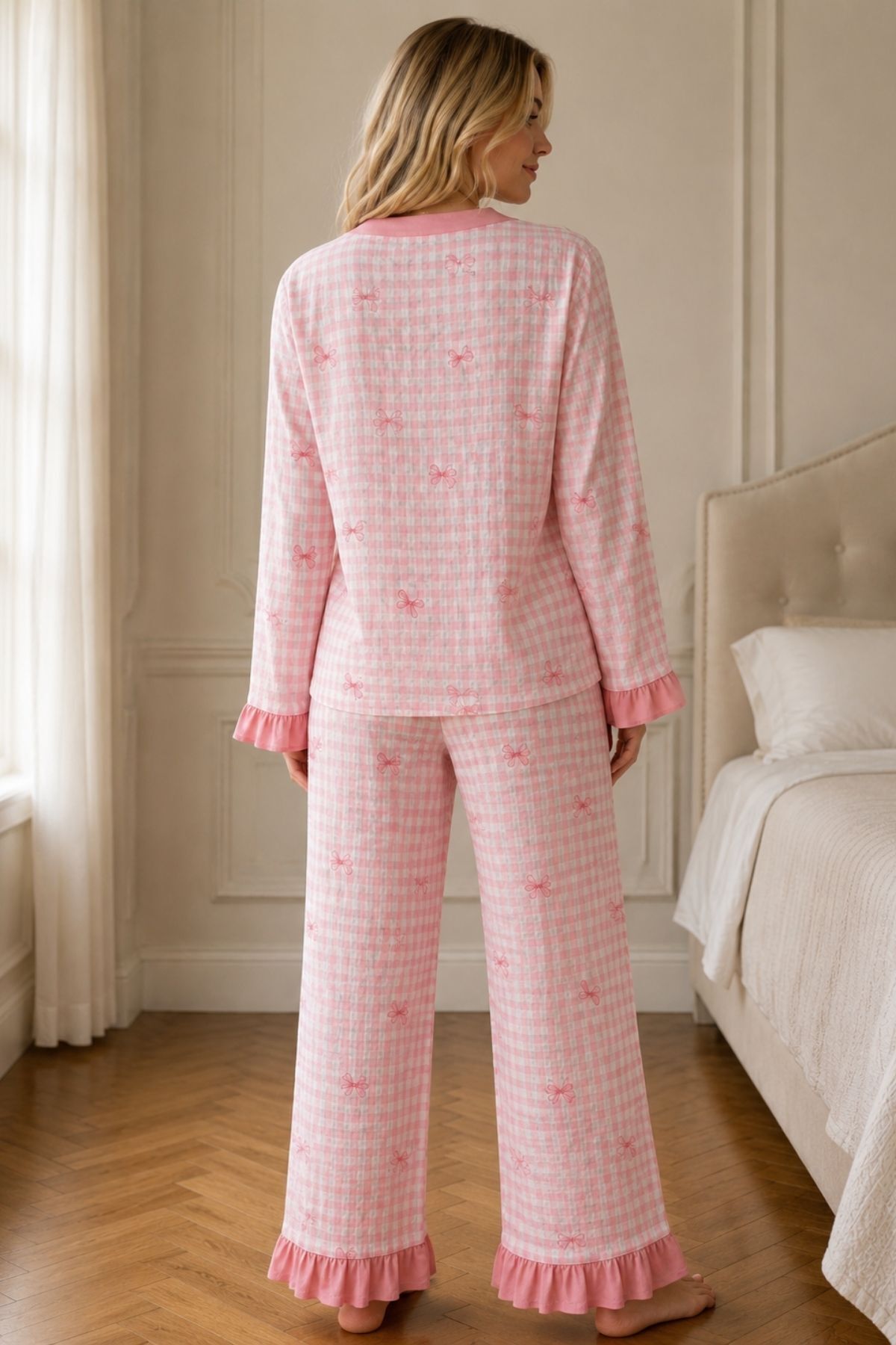 BELLA NOTTE Pembe Ekose Fiyonk Desenli Fırfır Detaylı Düğmeli Uzun Kollu Pijama Takımı görsel 3