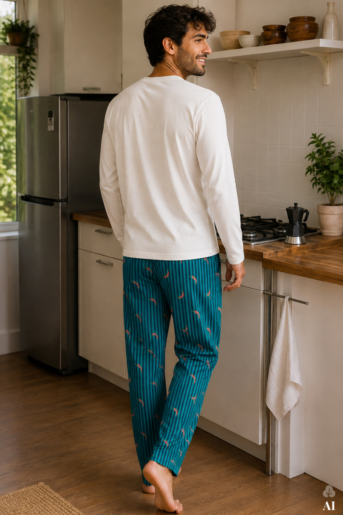 koza iç giyim Erkek Pamuklu Ekru Uzun Kollu Biber Baskılı Yeşil Çizgili Desenli Pijama Takımı görsel 3