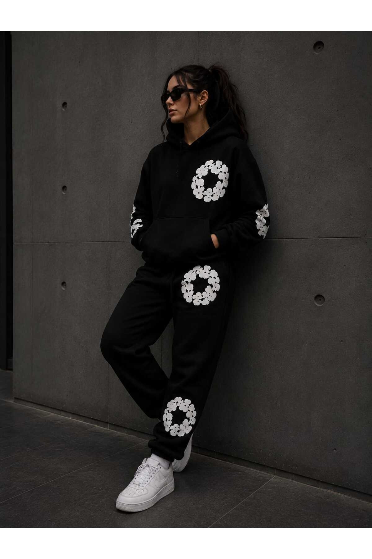 Çiçekli Eşofman Takımı 3 İplik Şardonlu KIŞLIK — مشکی bbfjjng88hy — تصویر 3 از 7