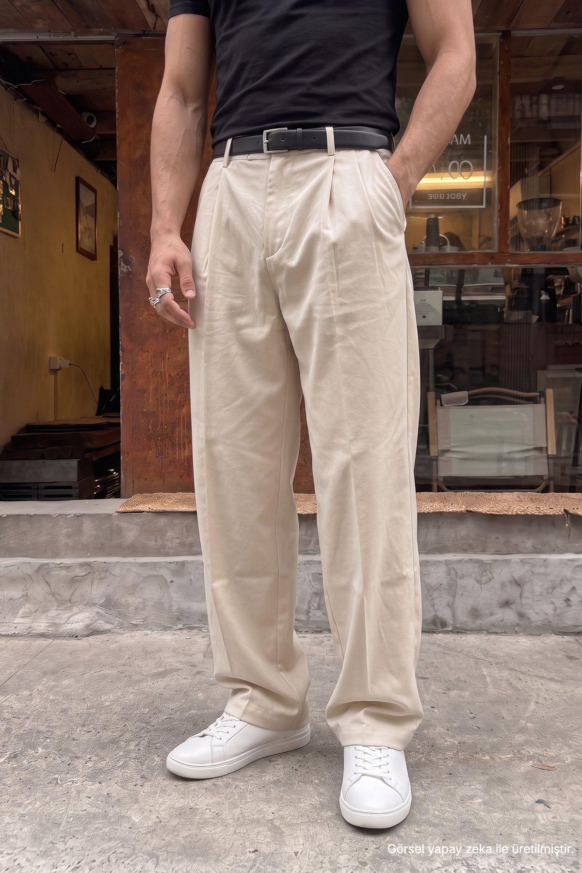 Livio Ferri Erkek Kumaş Baggy Kalıp Pileli Krem Pantolon görsel 5