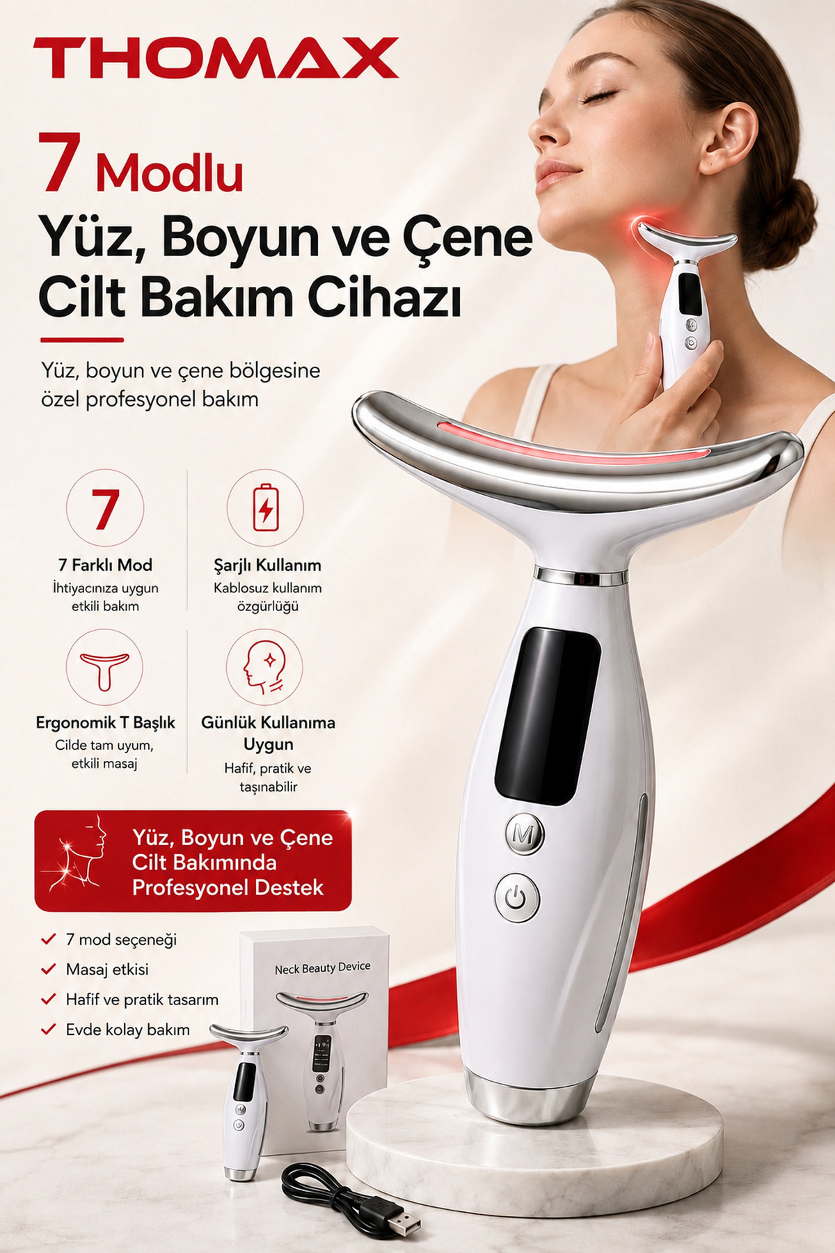 Yüz Boyun ve Çene Ems Güzellik Cihazı Gıdık Sarkma Kırışıklık Bakım Cihazı 7 Mod — سفید T-model-masaj-cihazi