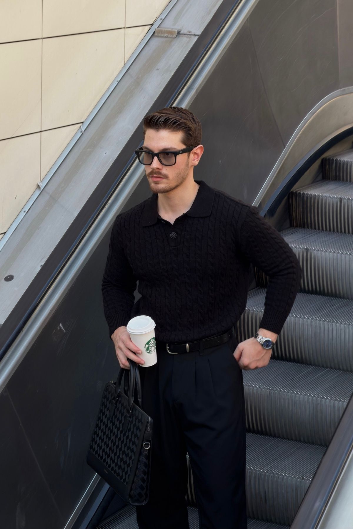 Dovra Premium Saç Örgü Düğmeli Polo Yaka Siyah Erkek Kalın Triko Kazak — رنگارنگ 4066 — تصویر 4 از 8