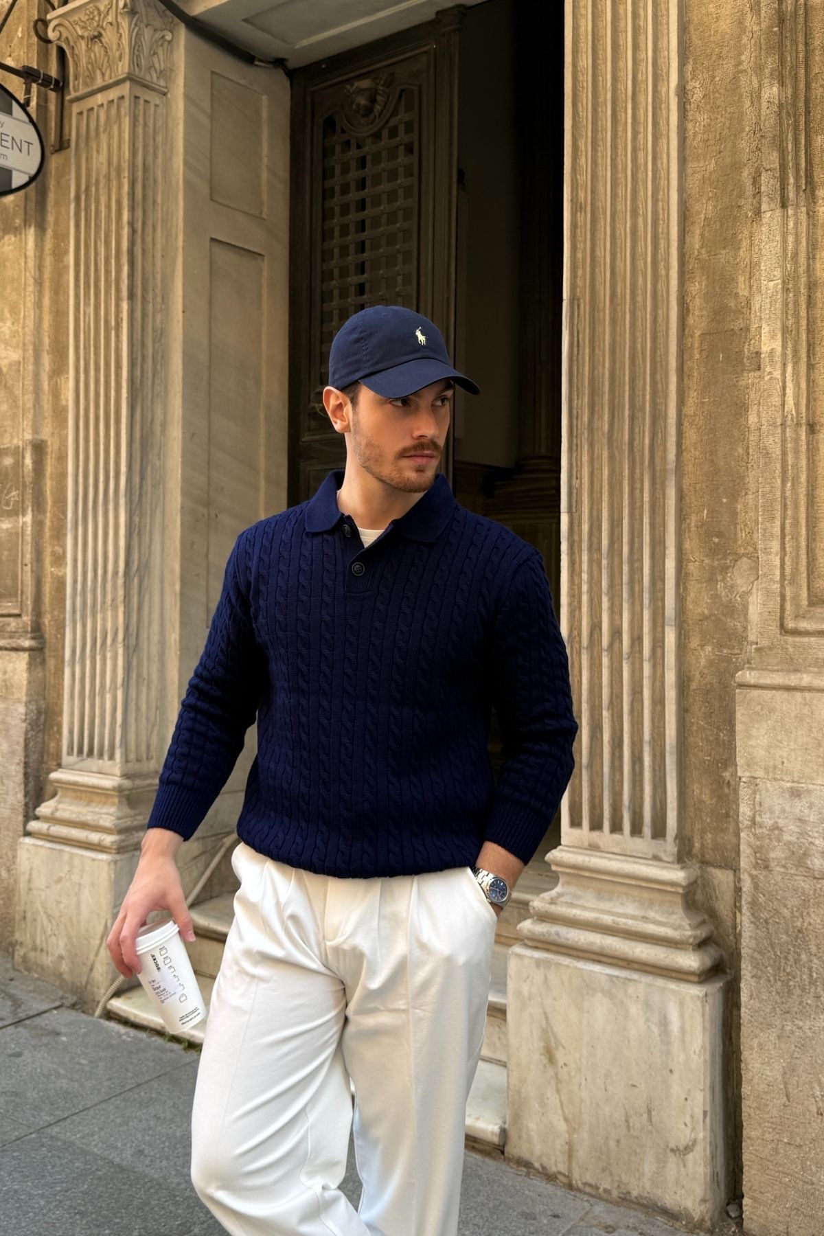 Livio Ferri Dovra Premium Saç Örgü Düğmeli Polo Yaka Lacivert Erkek Kalın Triko Kazak görsel 2