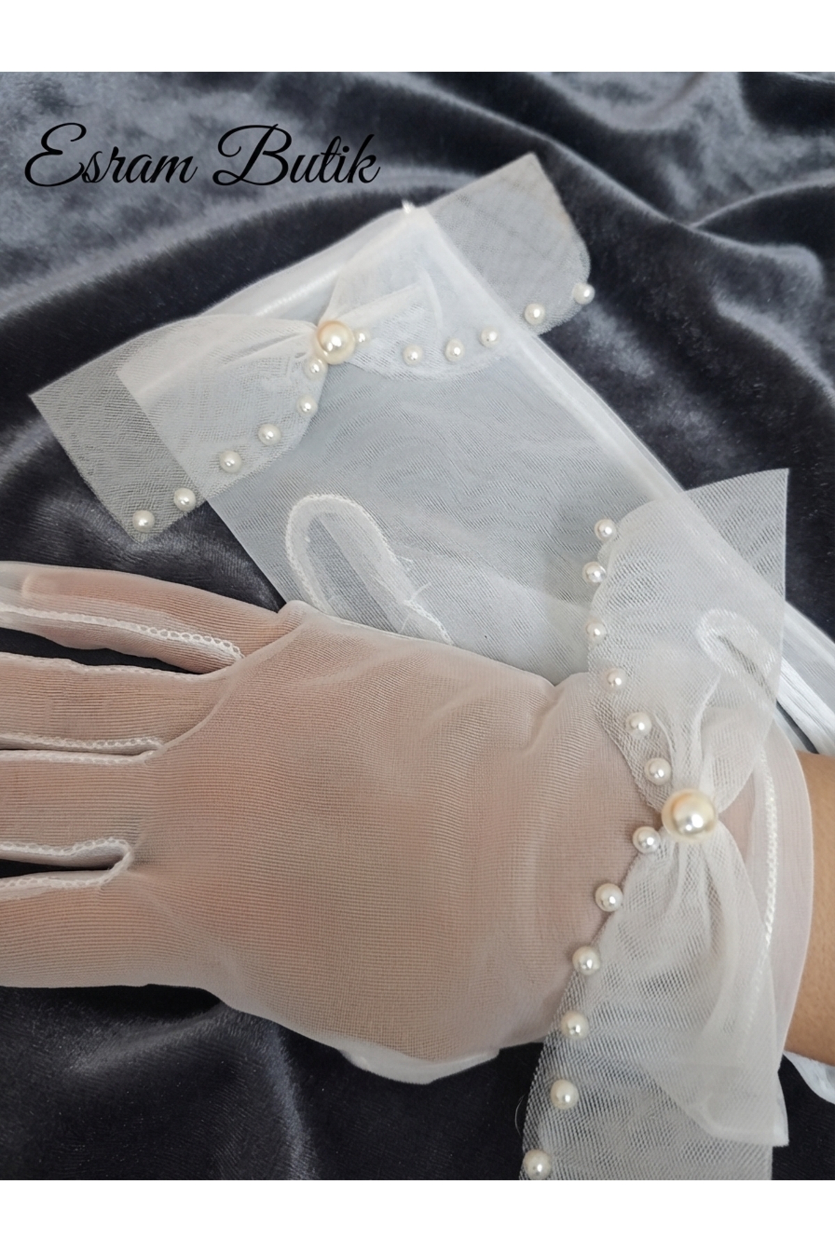 Esram Butik İnci Ve Kurdele Detaylı Transparan Gelin Eldiveni, Nikah Düğün Nişan Aksesuarı ve Dış Çekim Eldiveni görsel 4