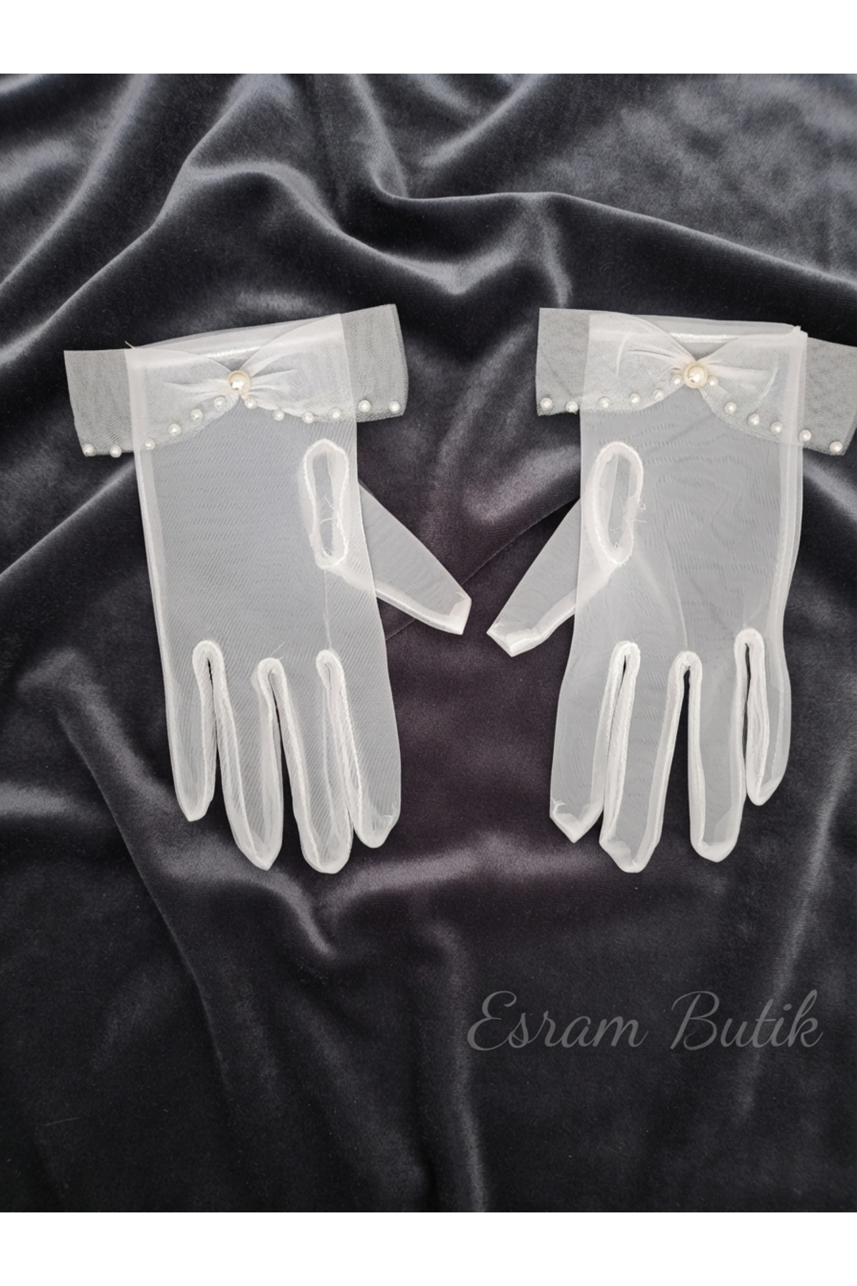 Esram Butik İnci Ve Kurdele Detaylı Transparan Gelin Eldiveni, Nikah Düğün Nişan Aksesuarı ve Dış Çekim Eldiveni görsel 6