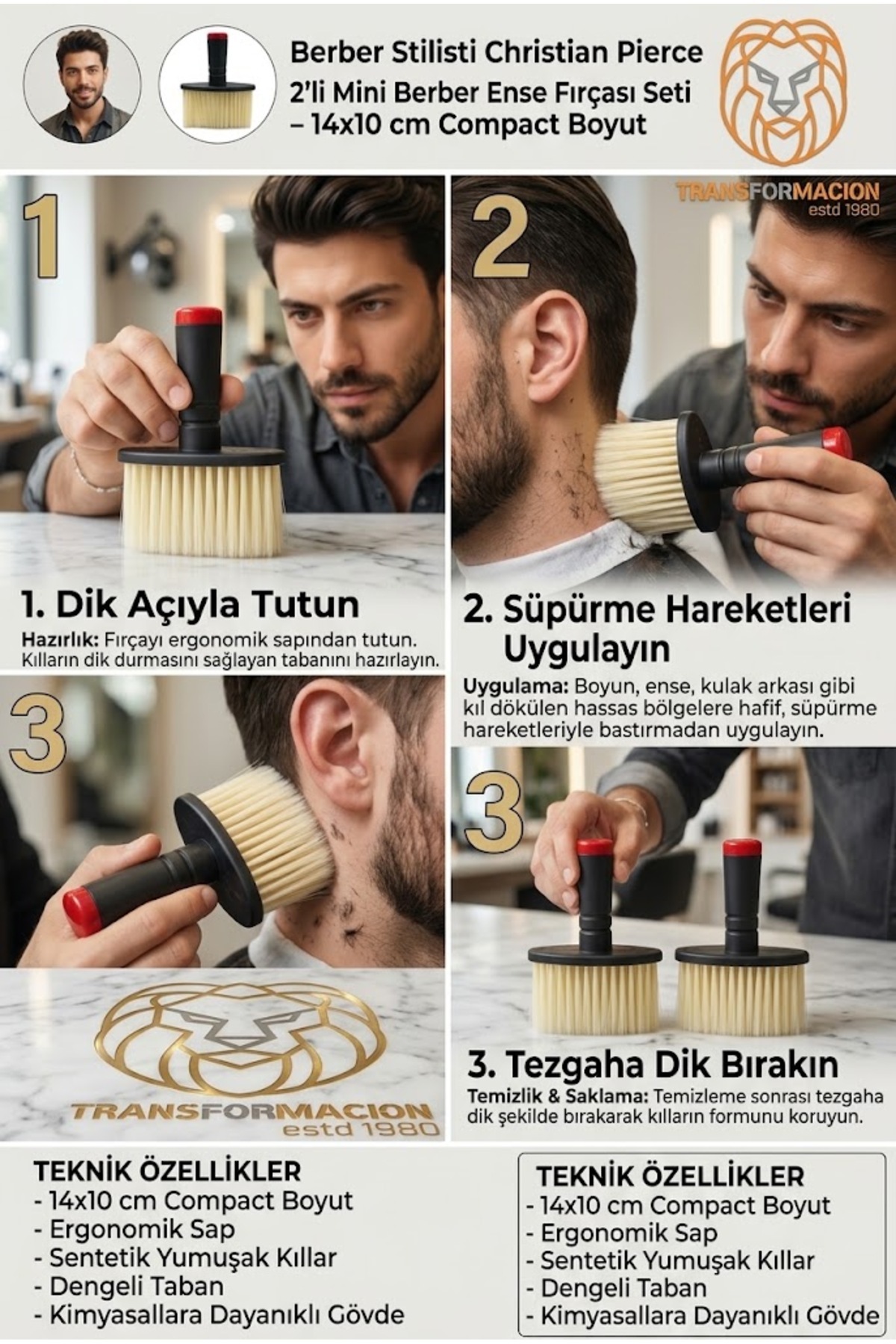 2'li Mini Berber Ense Fırçası Seti 14x10 cm Kuaför Boyun Temizleme Toz Alma Fırçası 723593 — صورتی 7430000719124 — تصویر 2 از 7