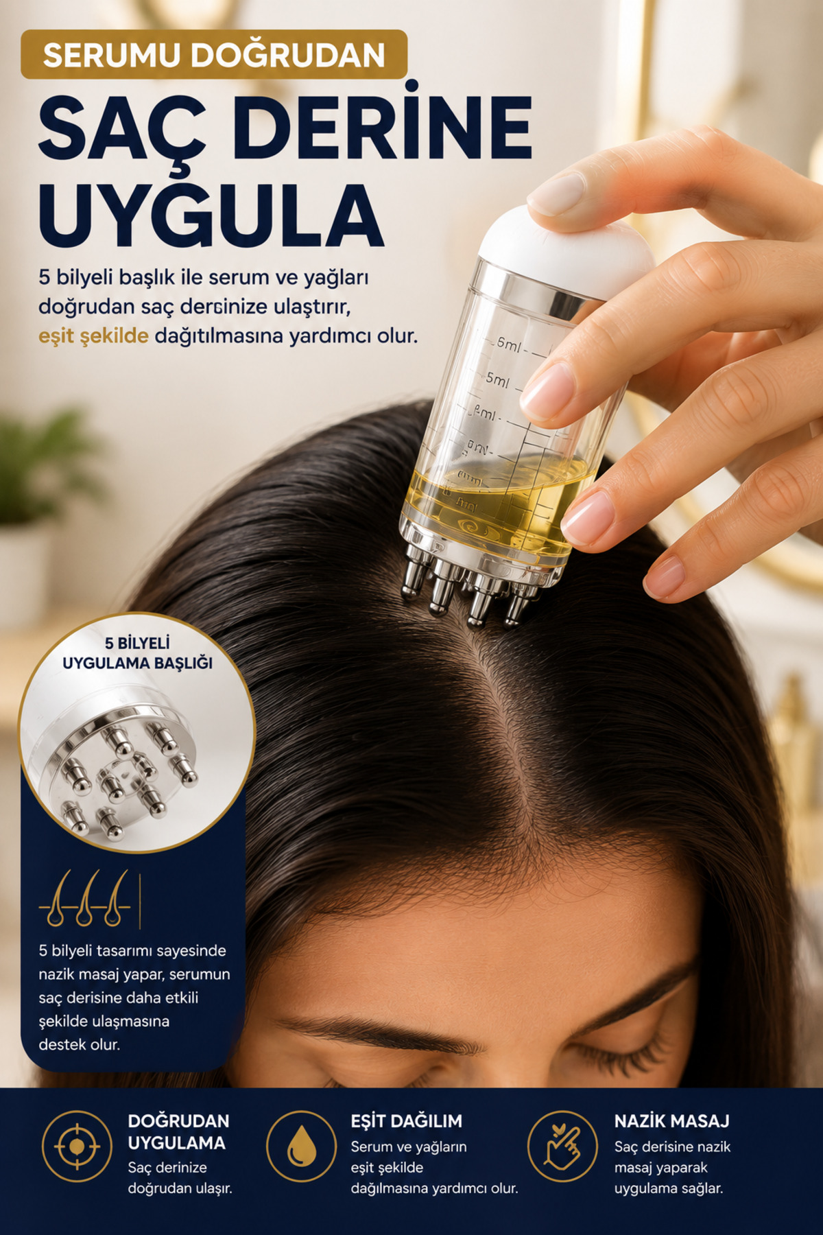 Saç Derisi Masaj Aleti 6 ml Serum Yağ Uygulama Aplikatörü 5 Bilyeli Ölçekli Bakım ve Uygulama Aparat — OPH-002747 — تصویر 2 از 8