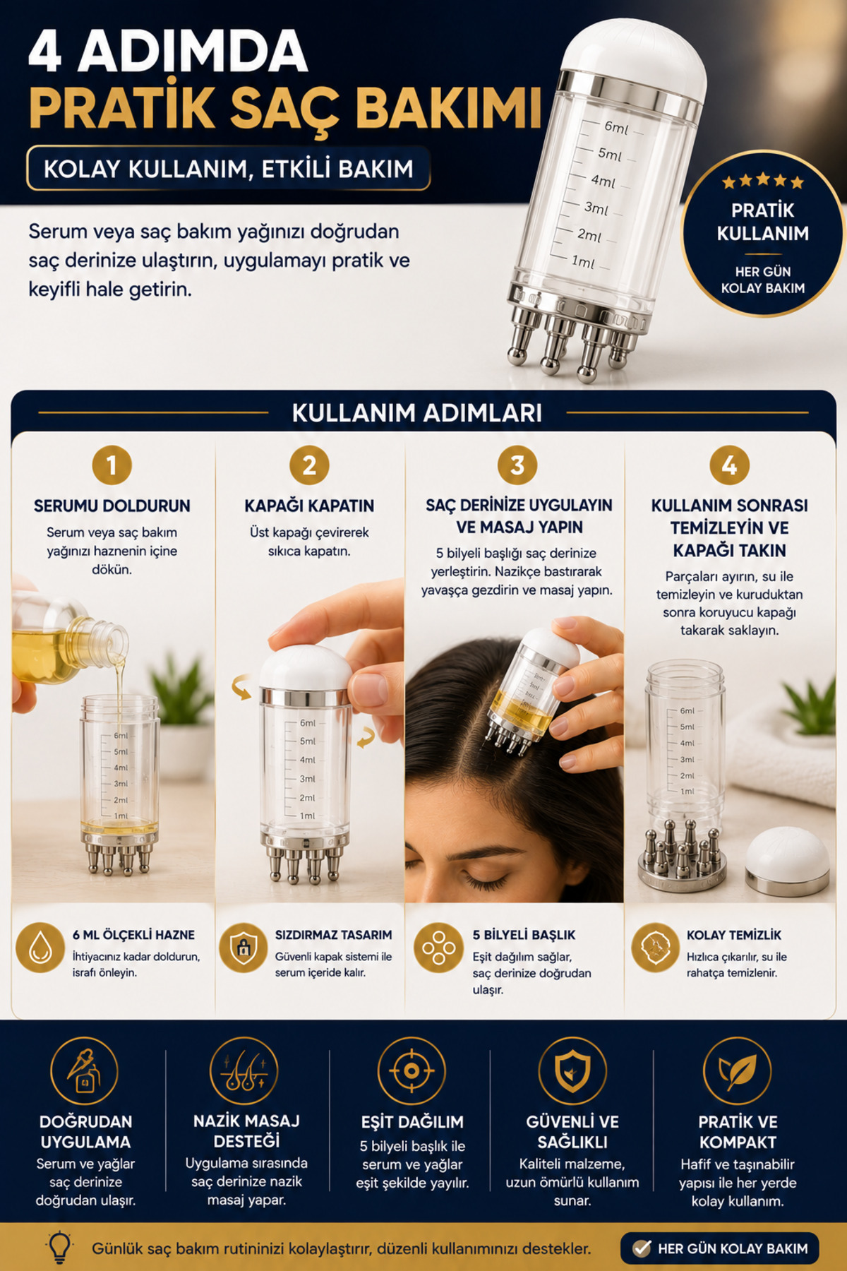 Saç Derisi Masaj Aleti 6 ml Serum Yağ Uygulama Aplikatörü 5 Bilyeli Ölçekli Bakım ve Uygulama Aparat — OPH-002747 — تصویر 8 از 8