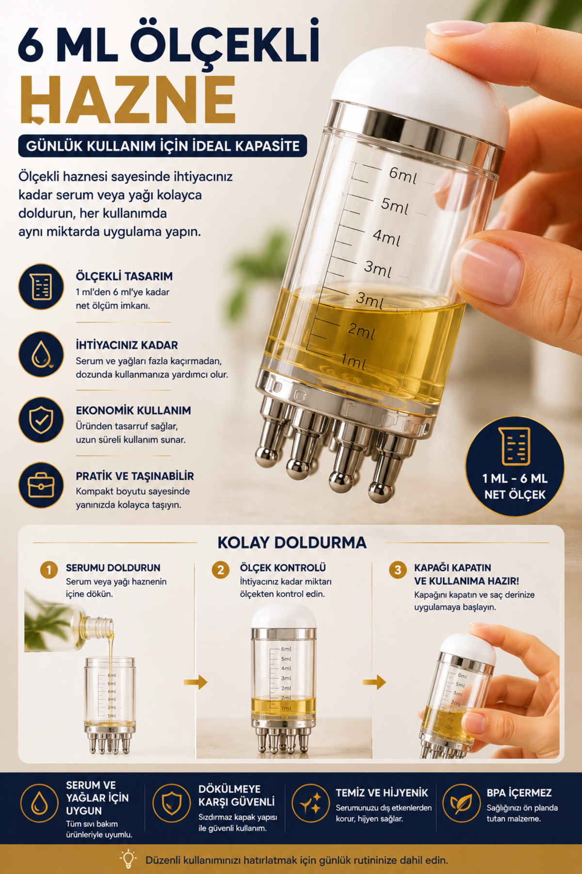 Saç Derisi Masaj Aleti 6 ml Serum Yağ Uygulama Aplikatörü 5 Bilyeli Ölçekli Bakım ve Uygulama Aparat — OPH-002747 — تصویر 5 از 8