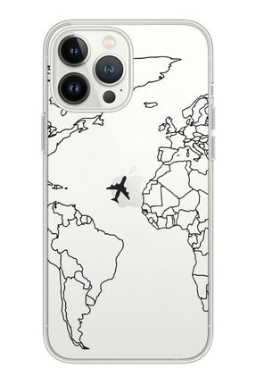 Iphone 13 Promax Şeffaf Çizgisel Dünya Haritası Desenli Telefon Kılıfı IP13PM-169