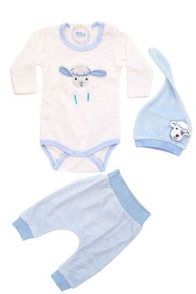 Koyun Figürlü Şapkalı Mavi Erkek Bebek Kadife Kışlık 3'lü Çıtçıtlı Body Takım MB-00854