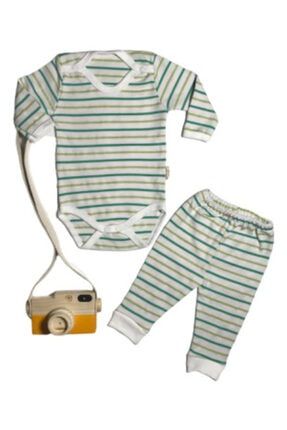 2 Li Takım Bebek Body Pantolon Yeşil Çizgili Çıtçıtlı Badi Pantolon Set TYC00249203733