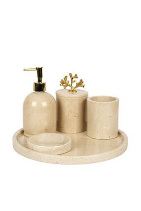 Rolin Beyaz Mermer Banyo Seti 7li - Gold Mercan MR01