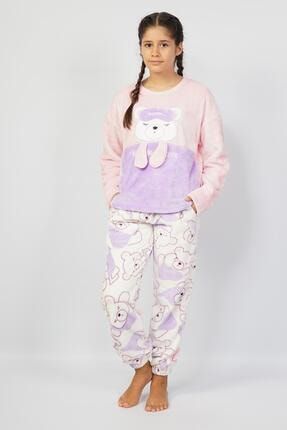 Genç Kız Ayıcık Desenli Polarlı Kışlık Pijama Takımı LNGEPU-3029