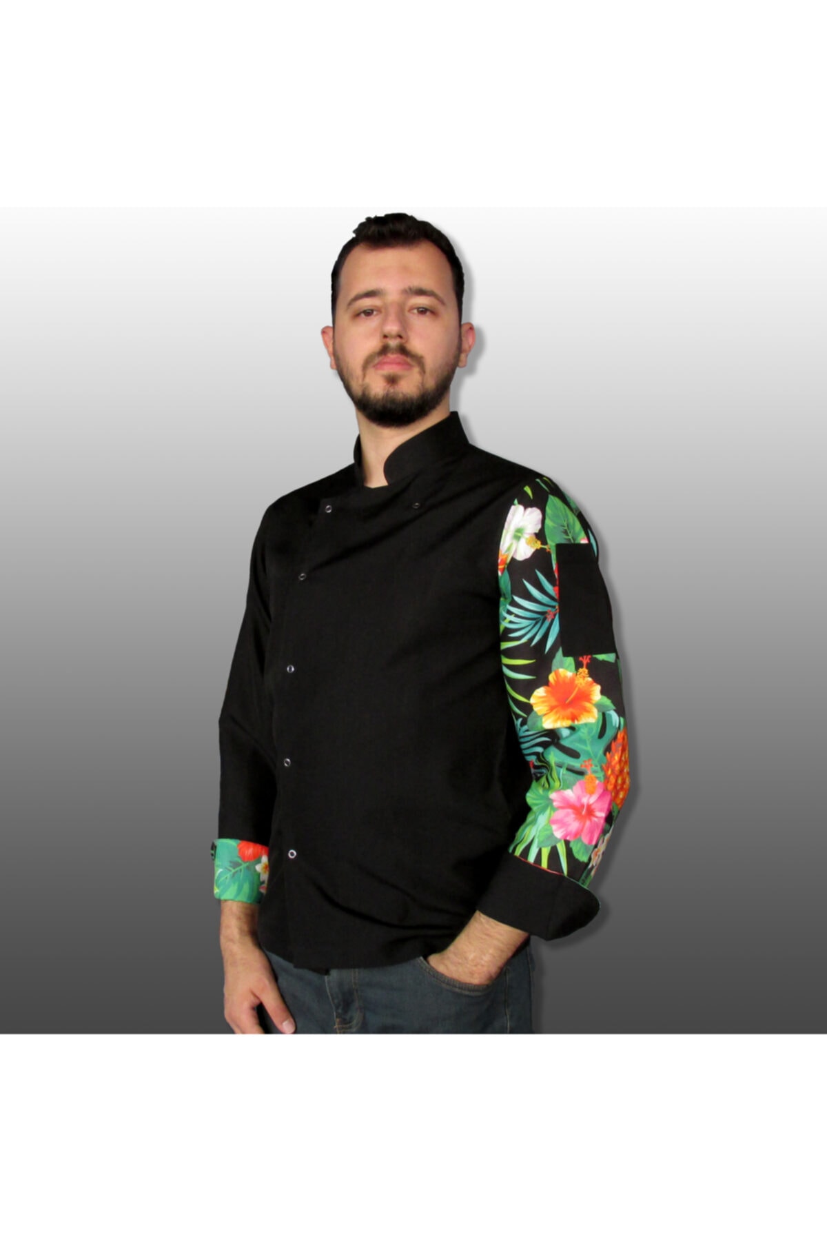Ant Rotagrup Üniforma ve İş Elbiseleri Aşçı Ceketi Desenli Unisex Çıtçıtlı Siyah Uzun Kollu Chef Aşçı Mutfak Ceket