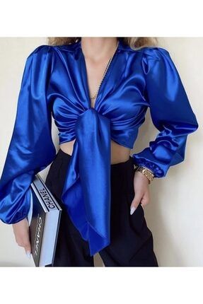 Kadın Saten Mavi Parlak Bağlamalı Gömlek Dekolteli Md21881133