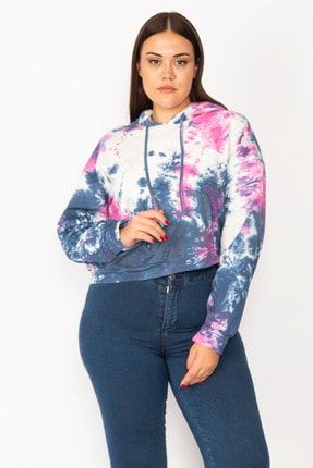Kadın Renkli Etek Ucu Asimetrik Kanguru Cepli Kapşonlu Batik Desenli Sweatshirt 65N28726