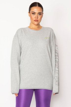 Kadın Gri Pamuklu Kumaş Kol Aplikeli Sweatshirt 65N28667