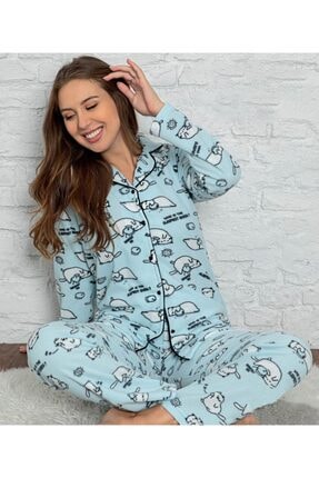 Kadın Mavi Polar Pijama Takımı P-9047
