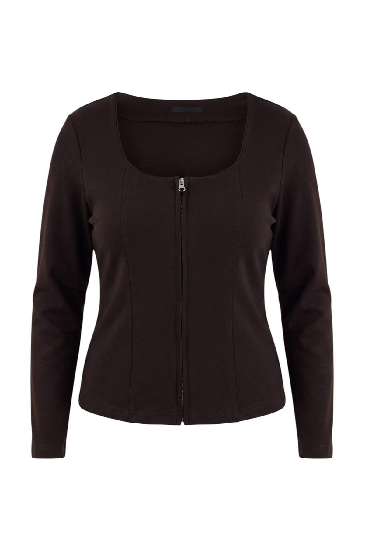 Trendyolmilla Curve Kahverengi Fermuarlı Tok Kumaş Kuplu Örme Büyük Beden Bluz TBBAW27AF00059