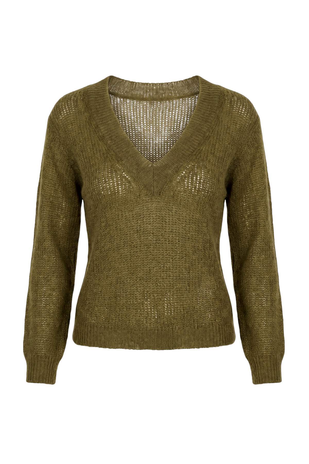 Trendyolmilla Wardrobe Essentials Yağ Yeşil V Yaka Moher Karışımlı İnce Triko Kazak TWOAW27KZ00034