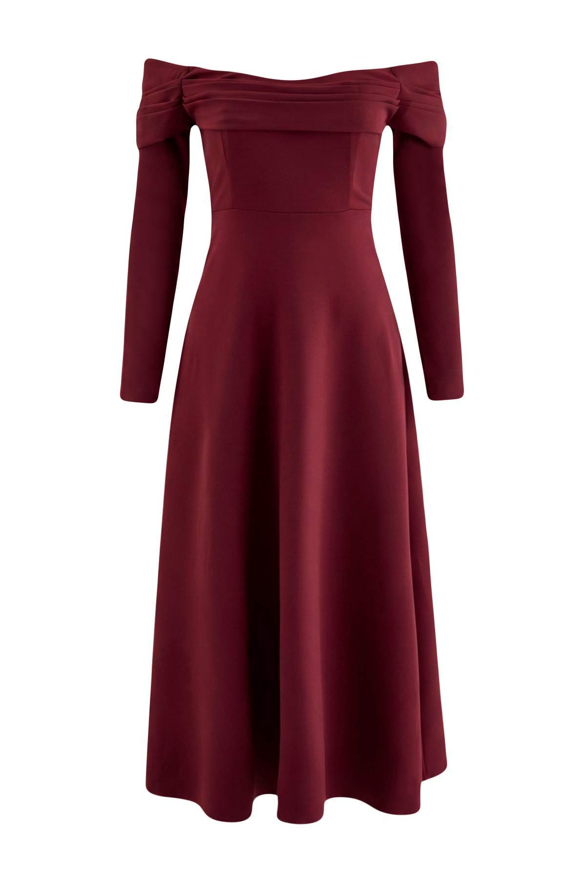 Trendyolmilla Bordo Carmen Yaka A-Kesim/Çan Form Midi Dokuma Elbise TPRAW27EL00042